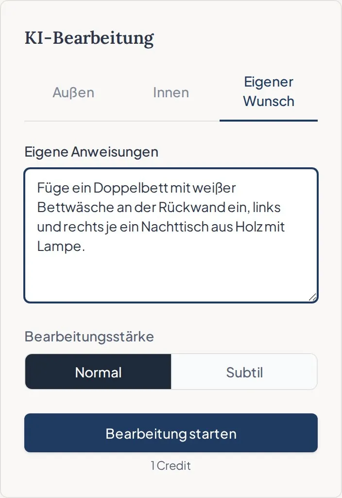 Das Eingabefeld für eigene Anweisungen im Tab Eigener Wunsch der KI-Bearbeitung mit einer Beispielanweisung