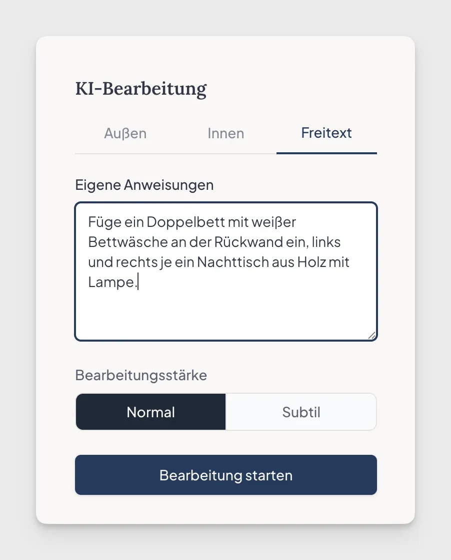 Das Freitext-Feld für eigene Anweisungen in der KI-Bearbeitung mit einer Beispielanweisung
