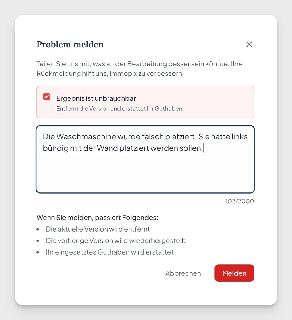Der Problem-melden-Dialog mit der Option Ergebnis ist unbrauchbar und einem Freitextfeld für die Rückmeldung