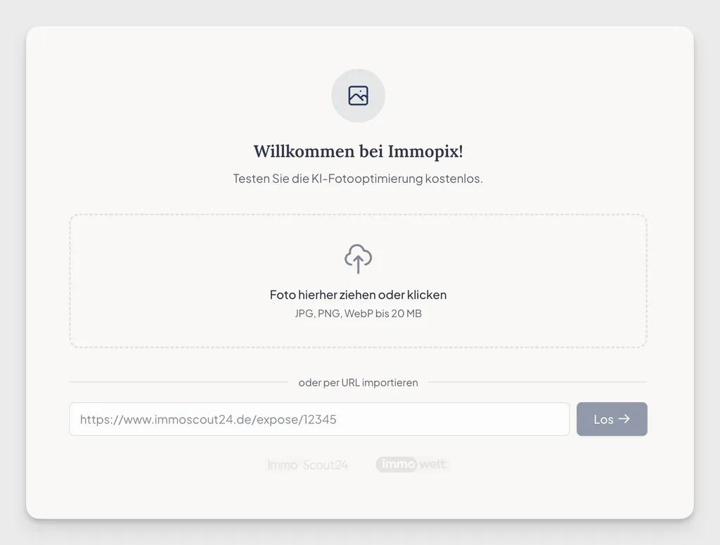 Der Upload-Dialog von Immopix mit Foto-Upload per Drag-and-drop und Import per ImmoScout24- oder Immowelt-Link