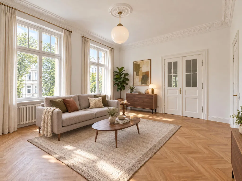 Derselbe Raum virtuell möbliert: helles Sofa vor den Fenstern, ovaler Couchtisch auf beigem Teppich, Sideboard neben der Flügeltür