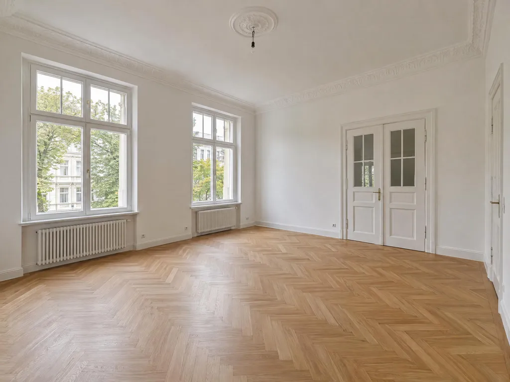 KI-generiertes leeres Altbau-Wohnzimmer mit Fischgrätparkett, Stuck und zwei hohen Sprossenfenstern, Blick schräg zur Flügeltür