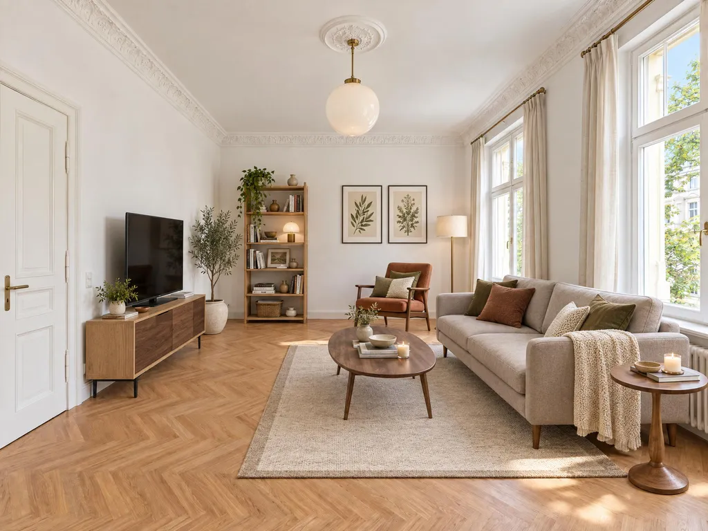 Derselbe Raum aus dieser Richtung möbliert: dasselbe Sofa und derselbe Couchtisch, gegenüber ein TV-Möbel, an der Rückwand ein Regal und ein Sessel