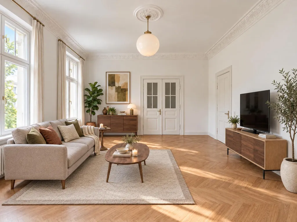 Derselbe Raum aus dieser Richtung möbliert: Sofa, Couchtisch, Teppich, Sideboard und TV-Möbel an denselben Stellen wie auf den anderen Fotos