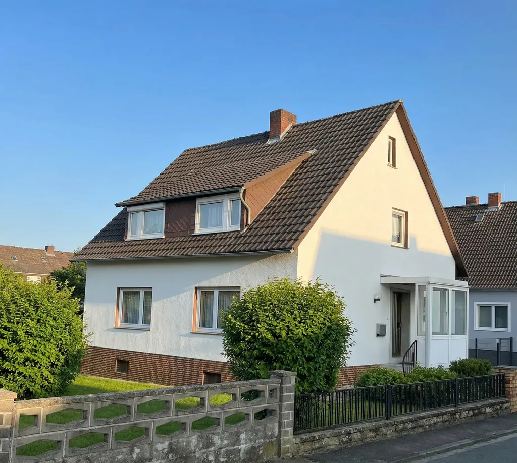 Außenaufnahme mit blauem Himmel und gepflegtem Rasen