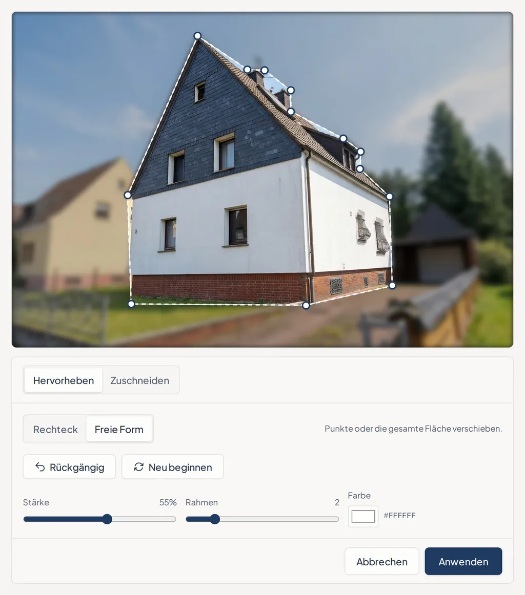 Der Immopix-Bildeditor mit einer freien Form aus mehreren Punkten um ein Wohnhaus