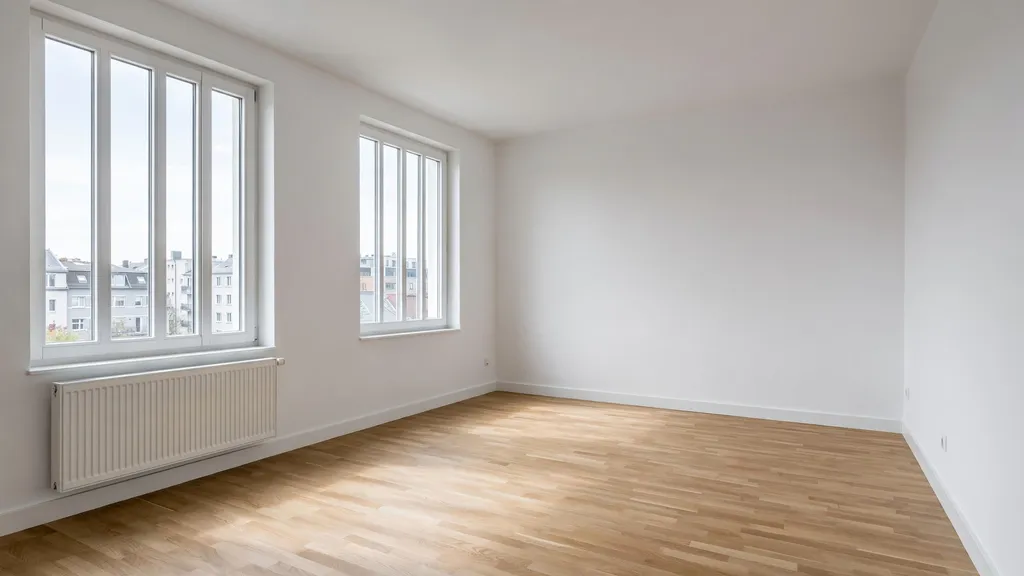 AI-generated empty living room with white walls, light parquet and two windows