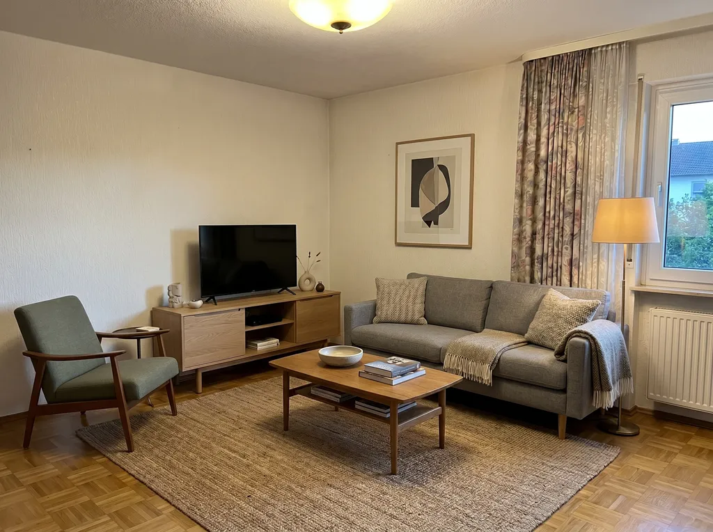 Gleicher Raum nach virtuellem Möbeltausch mit neutralem hellem Sofa, Sessel und moderner Einrichtung