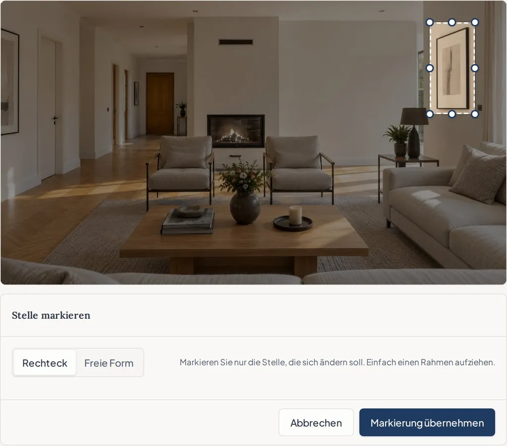 The Immopix image editor with a frame around a single object in a living room