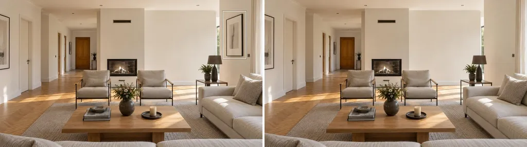 Before and after: the marked object is gone, the rest of the room is unchanged