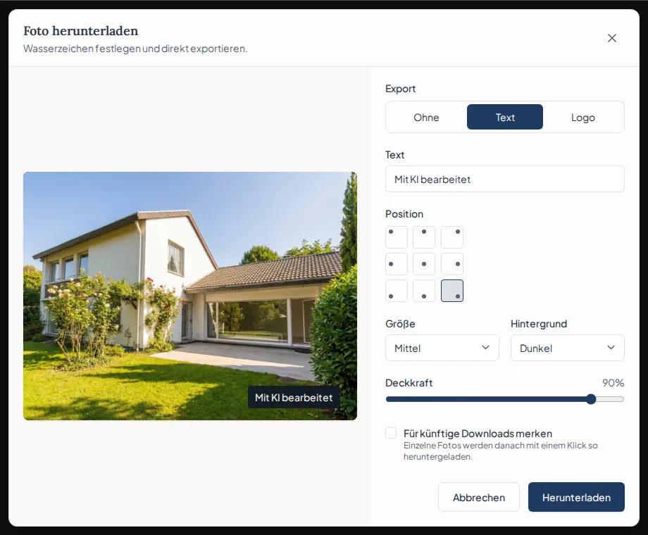 Exportvorschau in Immopix mit einem Textwasserzeichen auf einem Immobilienfoto