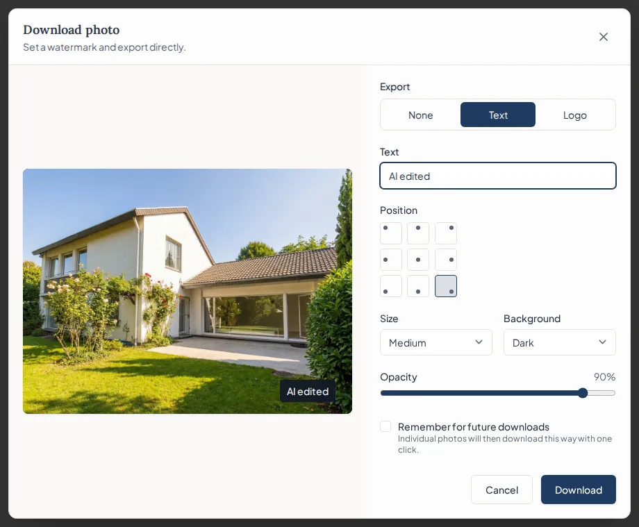 Immopix export preview showing a text watermark on a property photo