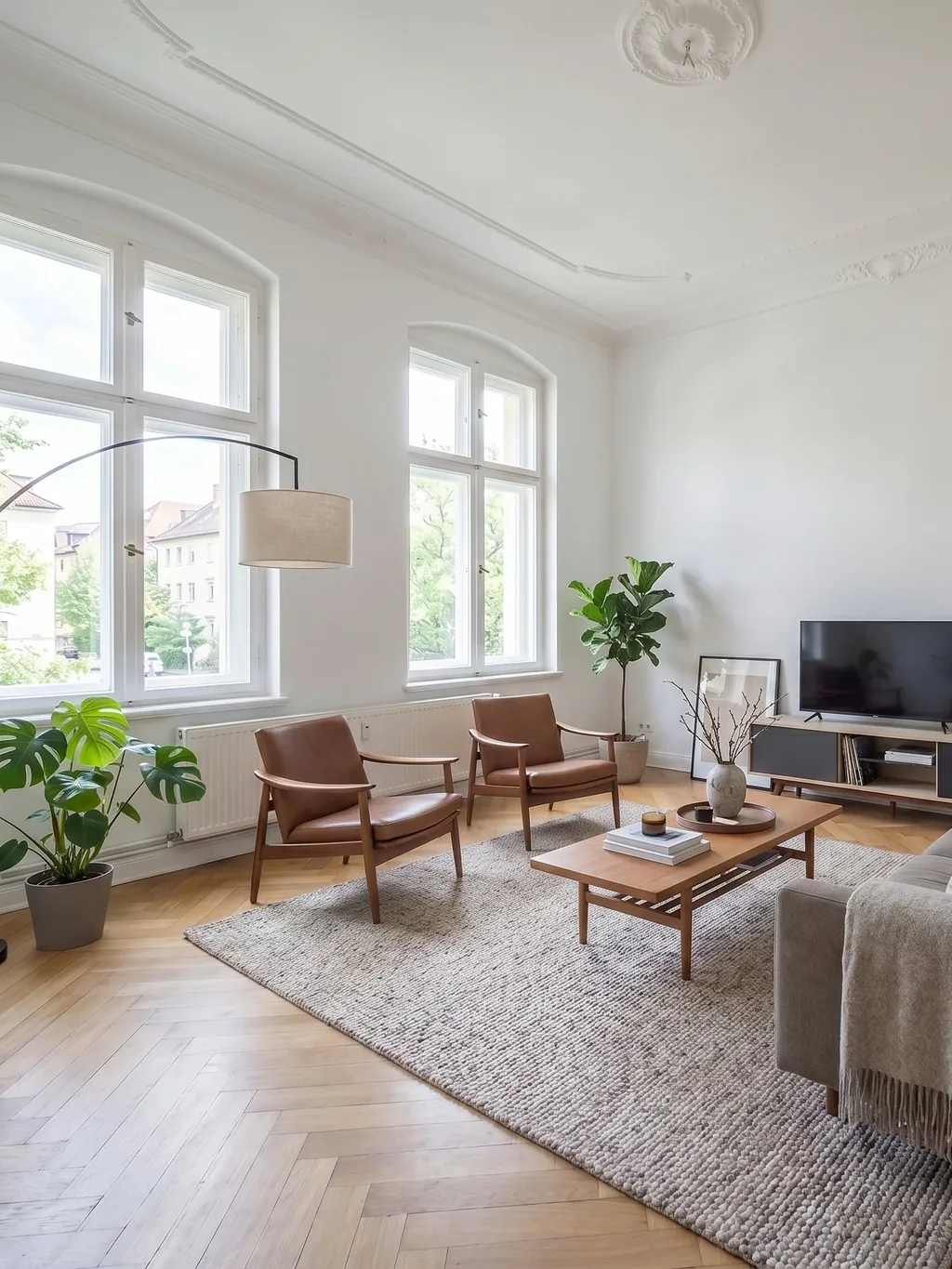 Virtually furnished living room in a period apartment