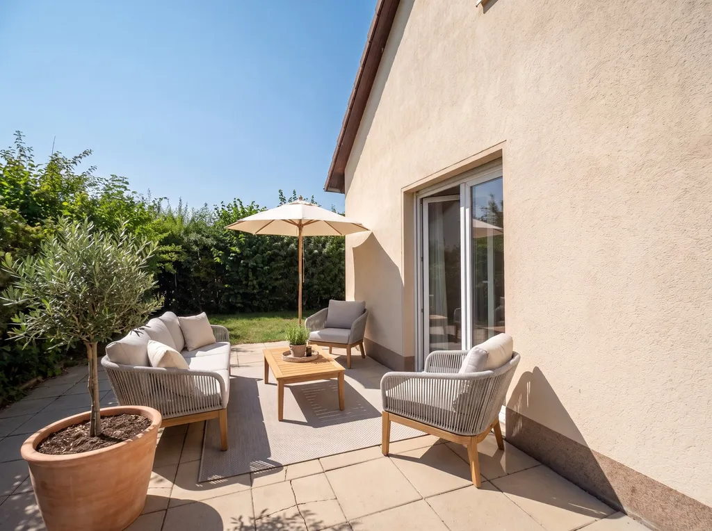 Dieselbe Terrasse mit Lounge-Möbeln, Sonnenschirm und Olivenbäumchen bei Sonnenschein