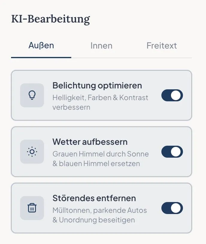 Vorlagen-Auswahl für Außenaufnahmen mit Optionen für Belichtung, Wetter und störende Objekte