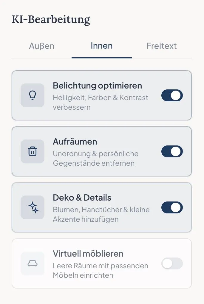 Vorlagen-Auswahl für Innenaufnahmen mit Optionen für Belichtung, Aufräumen, Deko und Möblierung